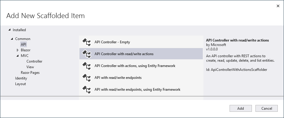 Screenshot of the 'Add New Scaffolded Item' dialog in a development environment, showcasing options for adding API controllers with various functionalities.