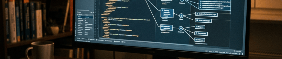Computer monitor displaying code and software architecture diagrams beside a notebook